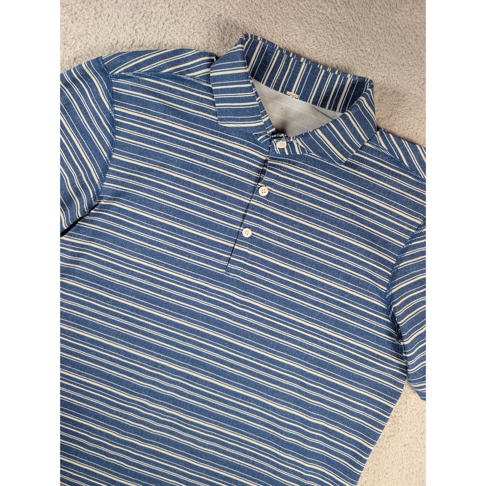 Lululemon Mens Evolution Polo Shirt Blue White Striped Short Sleeve Golf Top